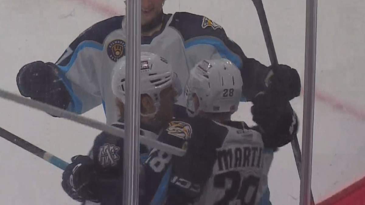 The Milwaukee Admirals celebrate a first period goal on Wednesday in a Game 1 win over the Moose at the Canada Life Centre.