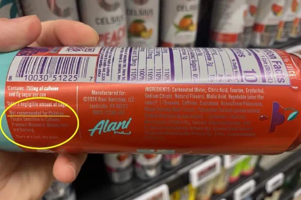 Evidence submitted in the lawsuit of Larissa Rodriguez's wrongful death lawsuit shows the warning label on the back of an Alani Nu energy drink can.