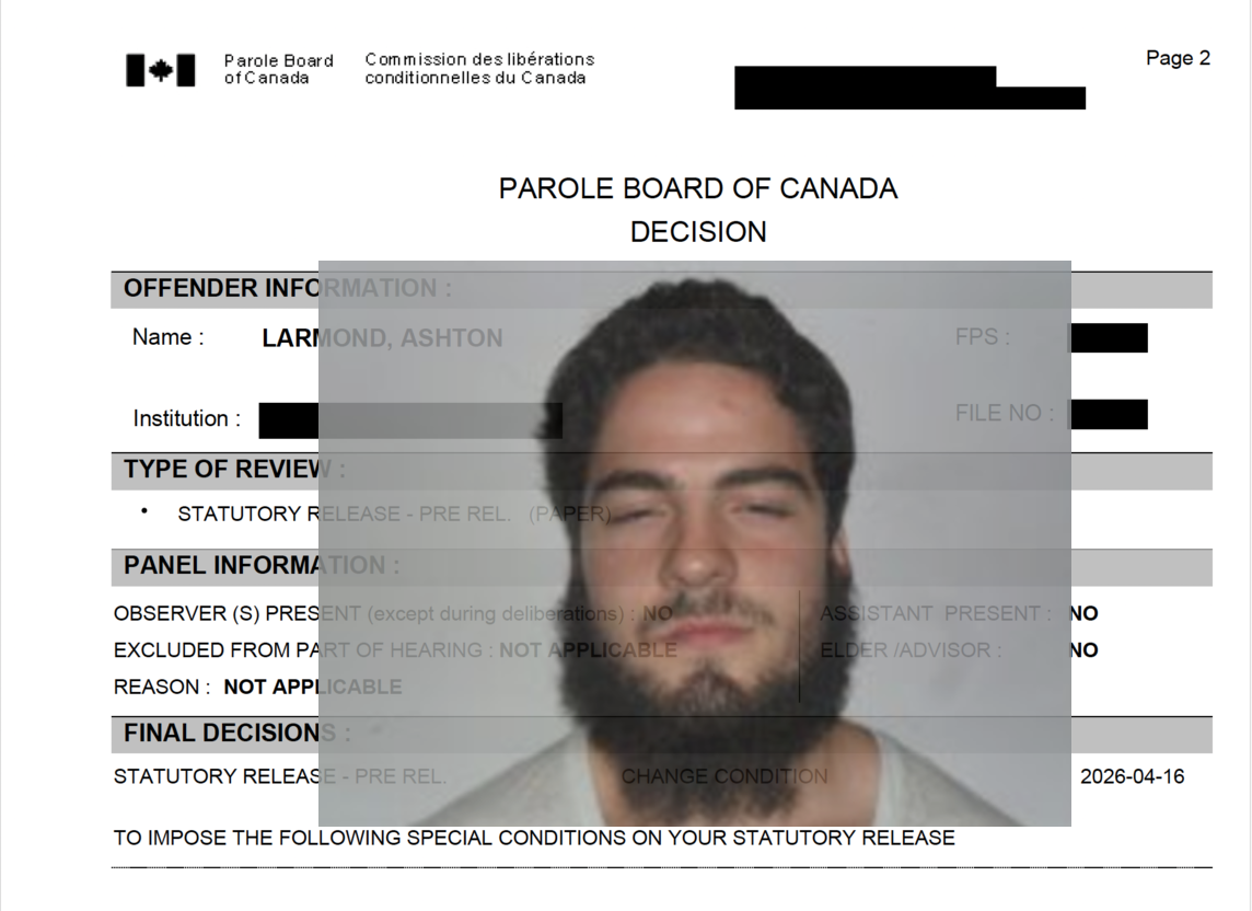 Photo of Ashton Larmond, inset in Parole Board of Canada decision released Monday.