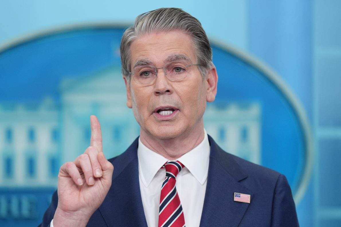 Treasury Secretary Scott Bessent speaks with reporters in the James Brady Press Briefing Room at the White House, Wednesday, April 15, 2026, in Washington. (AP Photo/Alex Brandon).
