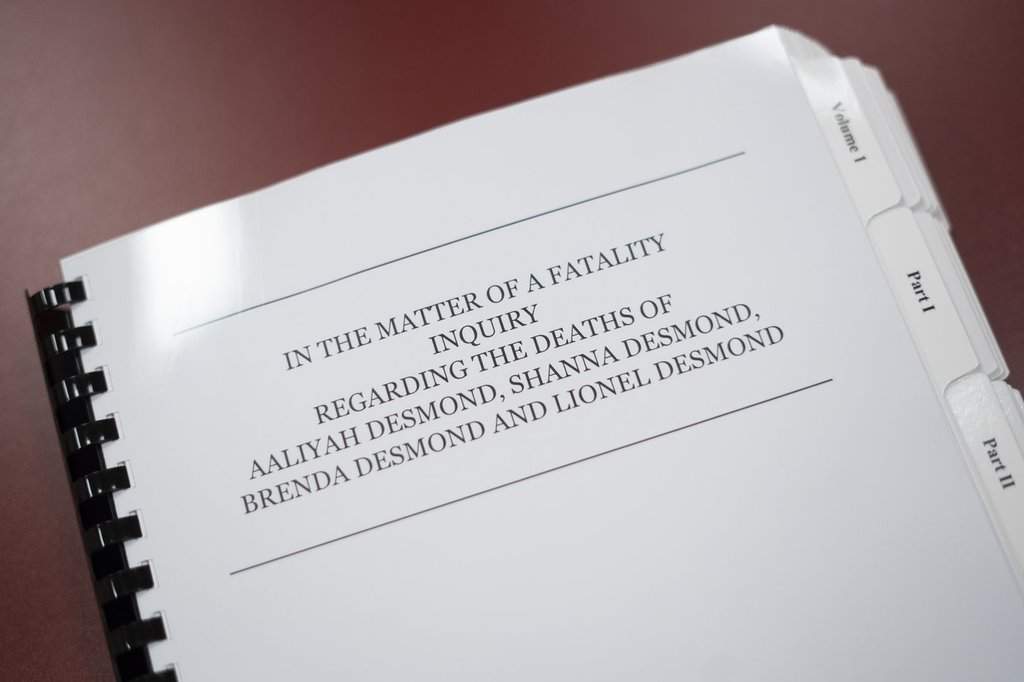A document of the report and recommendations by judge Paul Scovil on the Desmond Fatality Inquiry is photographed at the courthouse in Port Hawkesbury, N.S., Wednesday, Jan. 31, 2024. THE CANADIAN PRESS/Darren Calabrese.