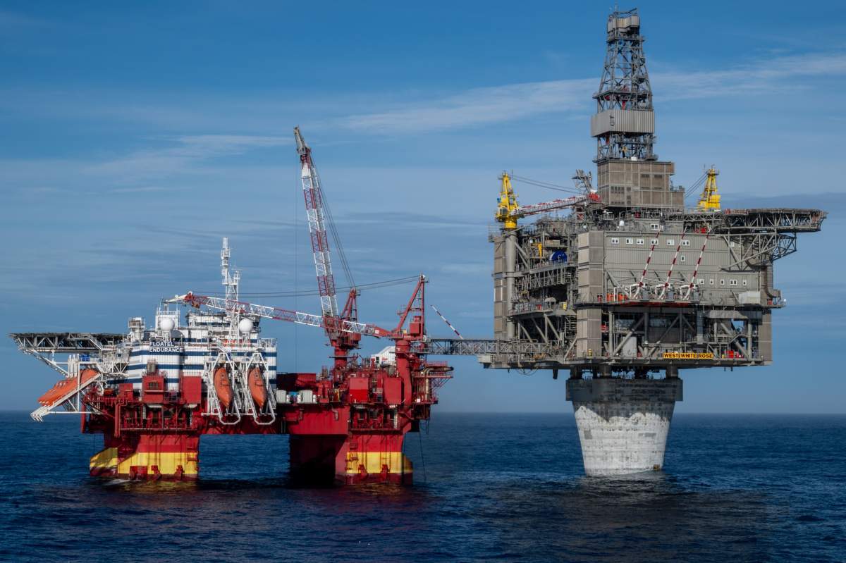 Cenovus Energy's West White Rose Project, is shown in the final stages of contruction last year off the coast of Newfoundland. The company is expecting to produce the first oil from the project sometime in 2026.