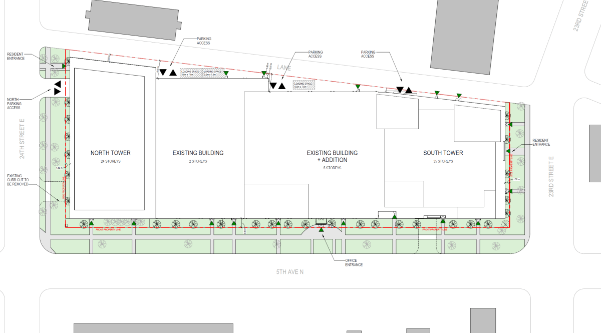 Each building will be a different height, with the highest being the south tower at 35 storeys.
