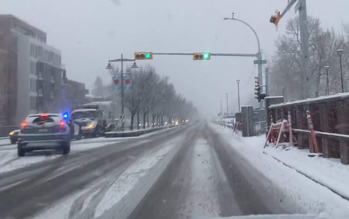 A dash camera photo showing one of the more than 160 crashes that Calgary police said happened on city roads Thursday morning.