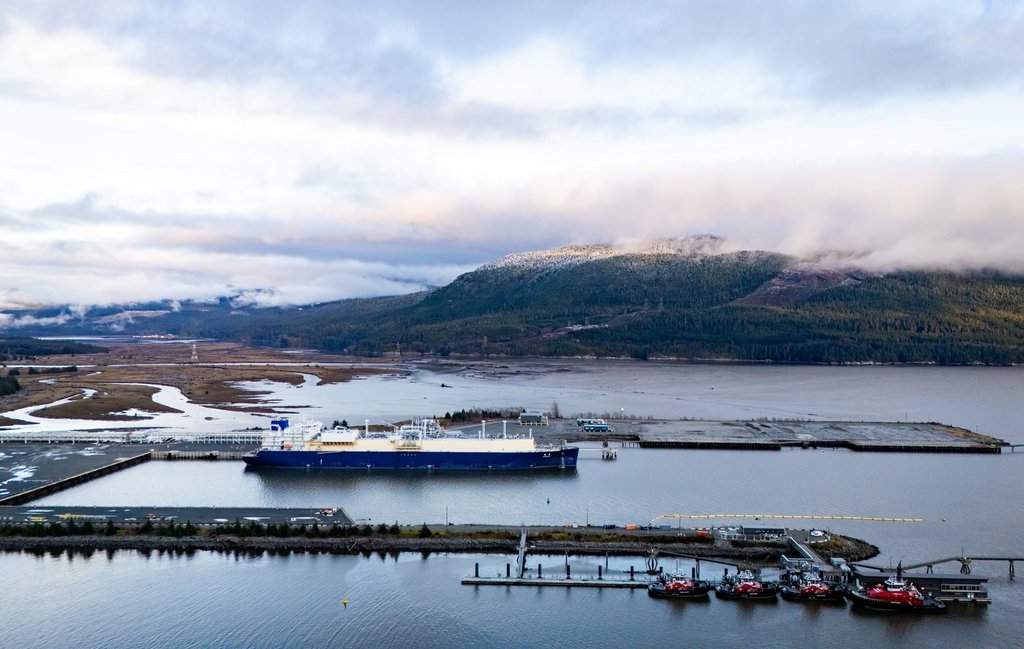 Wudang, a liquefied natural gas (LNG) tanker, fills up at an LNG Canada facility, in an aerial view, in Kitimat, B.C., on Thursday, Nov. 13, 2025.