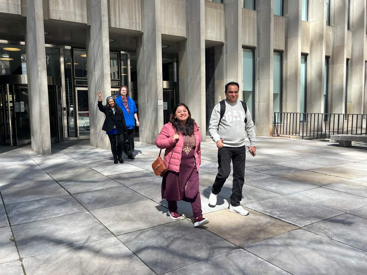The families of Kartik Vasudev and Elijah Mahepath leave court on April 20 after Richard Edwin was found guilty in the deaths of the two men.