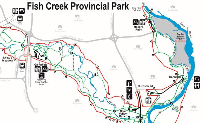 Calgary police say all three of the sexual assaults took place in Fish Creek Park near Mallard Point (upper right) or the Sue Higgins Bridge.