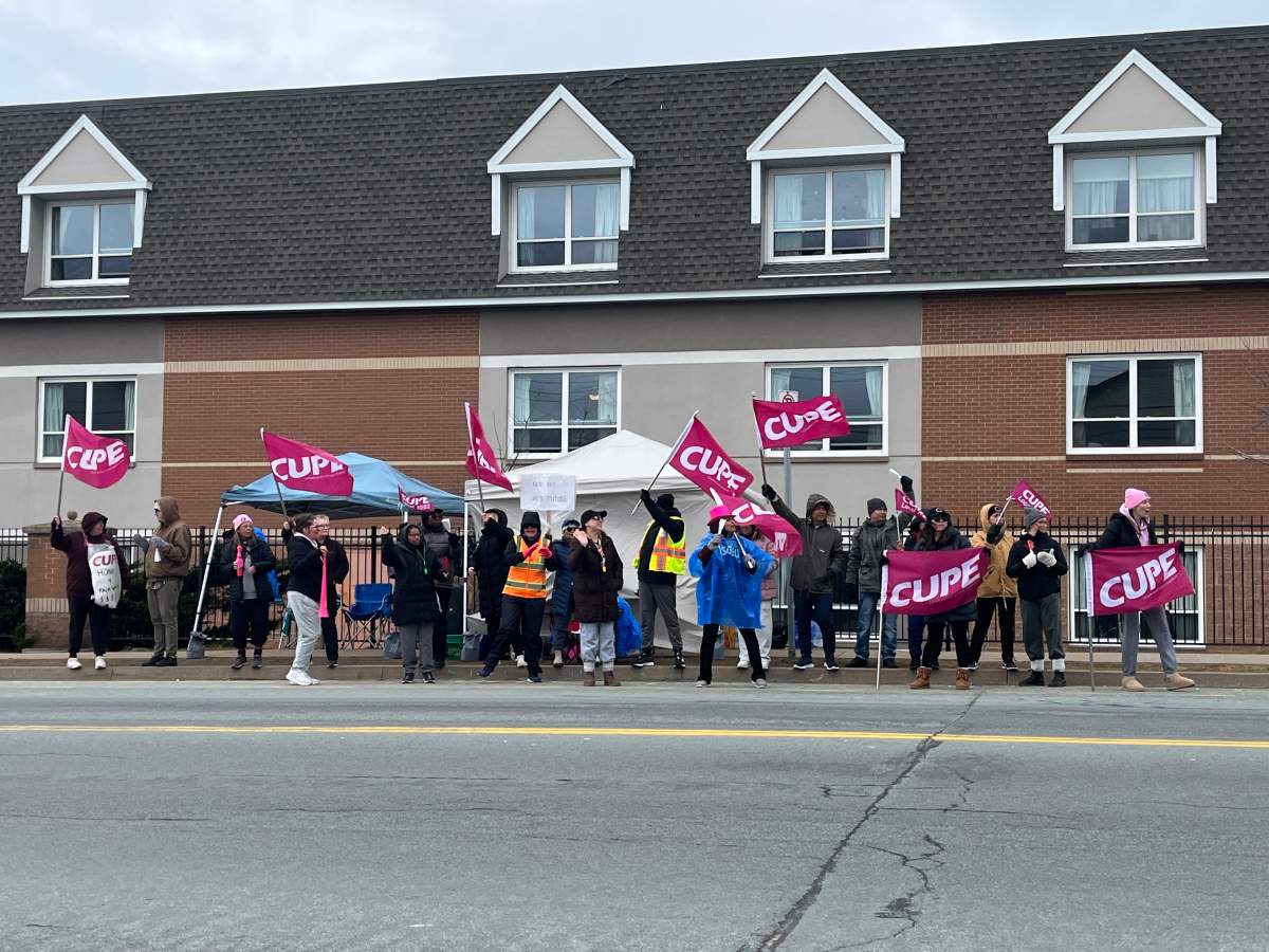 CUPE long-term care workers are on strike and picketing at Glasgow Hall in Dartmouth, N.S. on April 23, 2026.