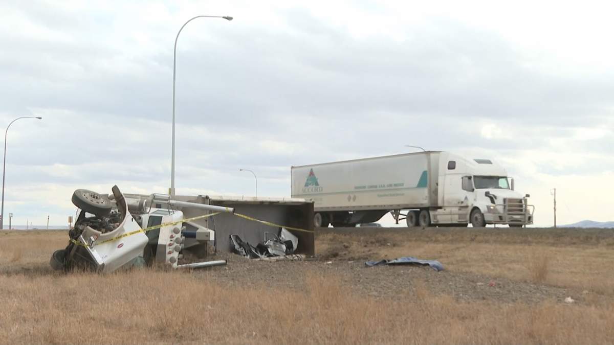 RCMP say two people were killed Wednesday when their vehicle was struck by a semi truck travelling northbound on Highway 2 near the community of Granum.