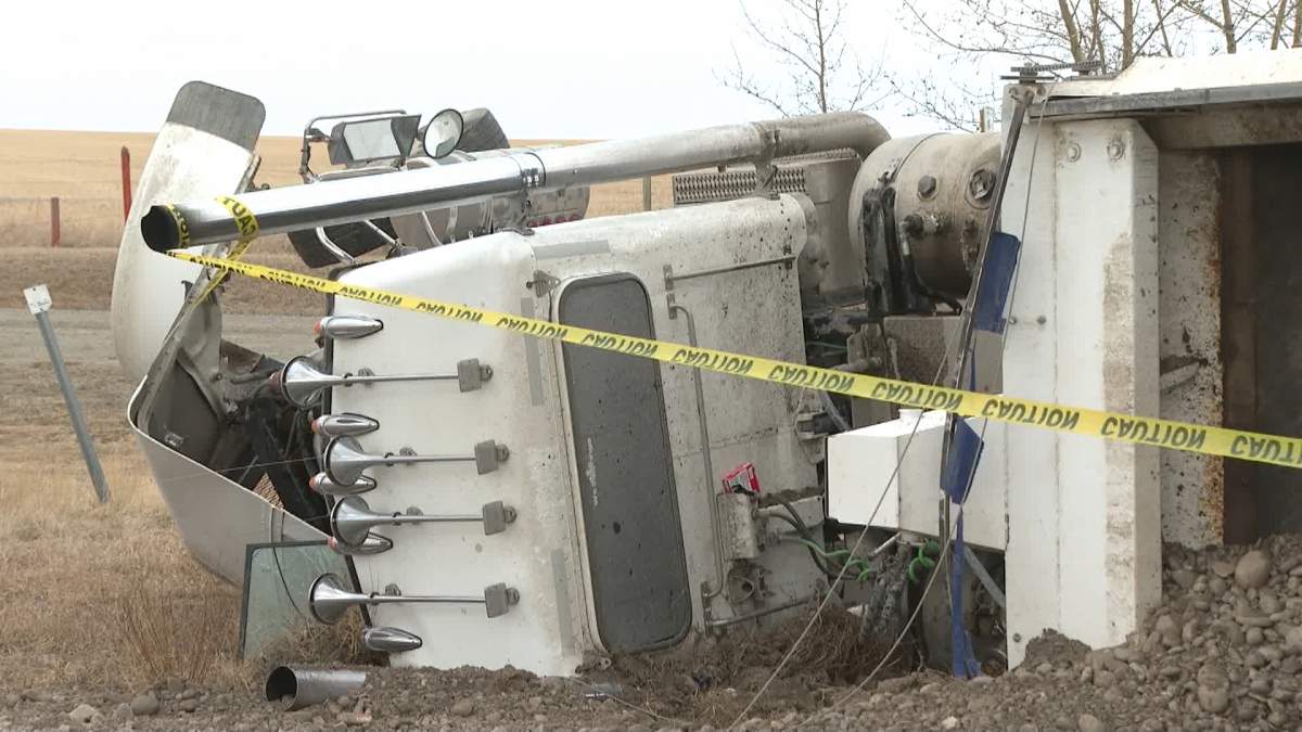 RCMP say two people were killed Wednesday when their vehicle was struck by a semi truck travelling northbound on Highway 2 near the community of Granum.