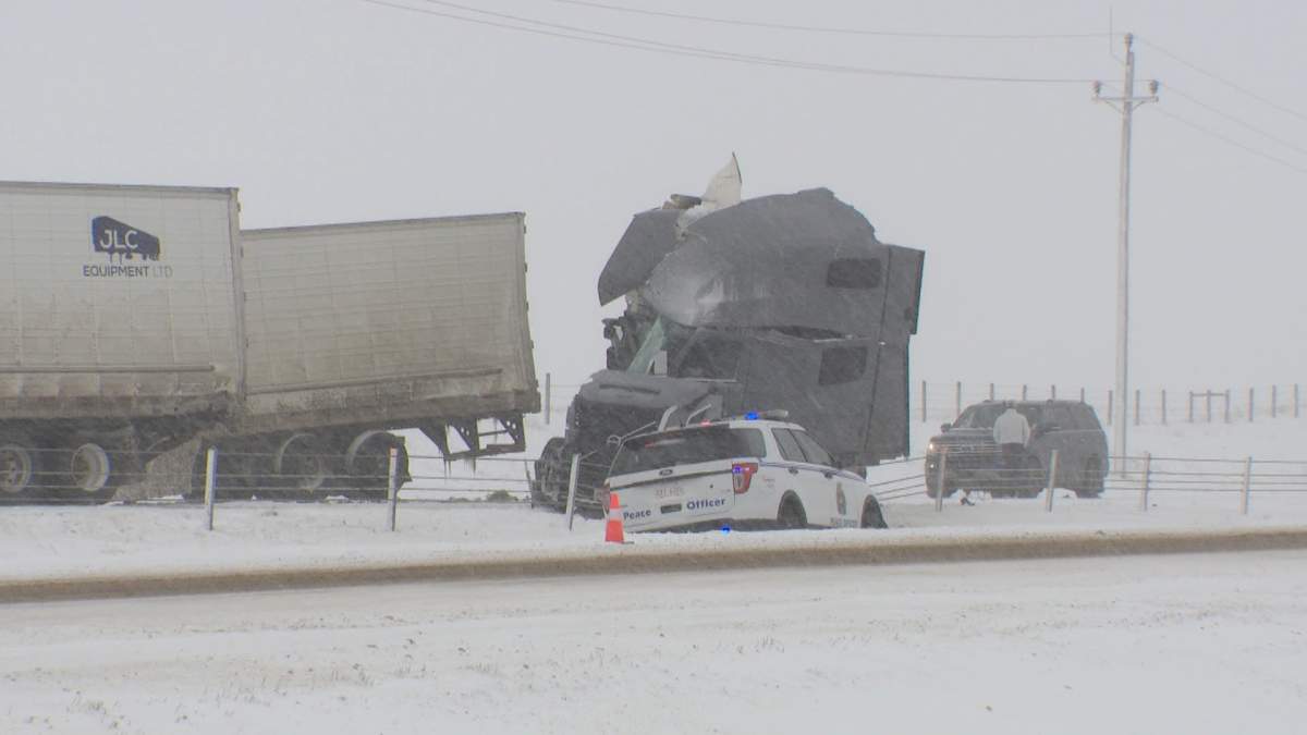 A pileup involving multiple vehicles near High River, about 70 kilometres south of Calgary, prompted RCMP to issue a plea for motorists to avoid non-essential travel.
