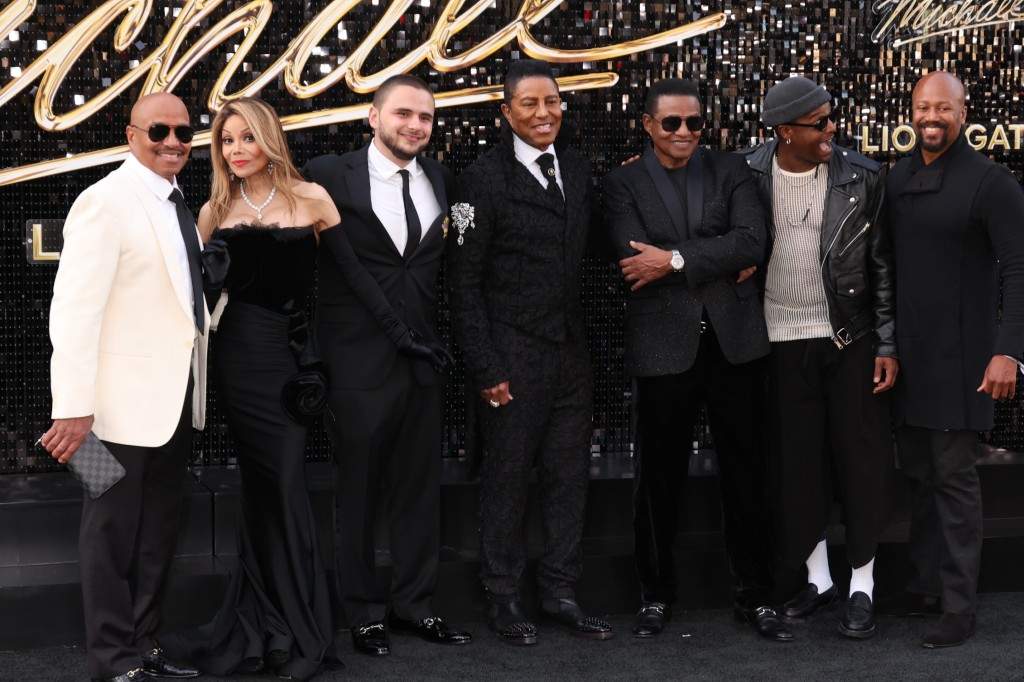 Marlon Jackson, La Toya Jackson, Prince Jackson, Jermaine Jackson, Jackie Jackson and Austin Brown at Lionsgate's 'Michael' Los Angeles premiere at Dolby Theatre on April 20, 2026.