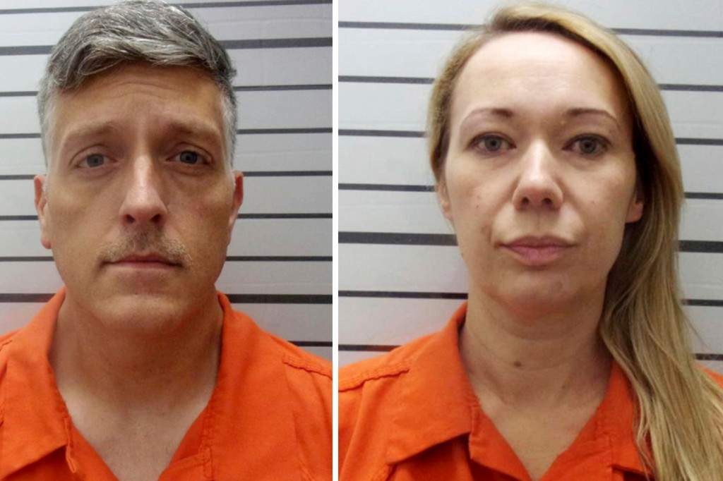 This combination of booking photos provided by the Muskogee County, Okla., Sheriff's Office shows Jon Hallford, left, and Carie Hallford, owners of Return to Nature Funeral Home.