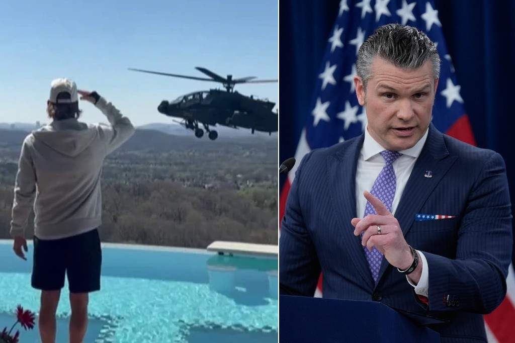 (L-R:) Kid Rock posted footage to Instagram on Saturday of himself looking out at an aircraft in front of his pool and Defense Secretary Pete Hegseth speaks to members of the media during a press briefing at the Pentagon in Washington, Tuesday, March 31, 2026.