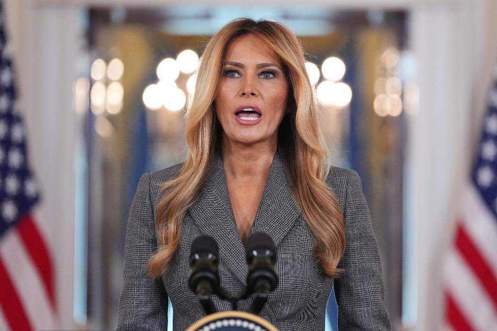 First lady Melania Trump speaks to reporters Thursday, April 9, 2026, in the Grand Foyer of the White House in Washington.