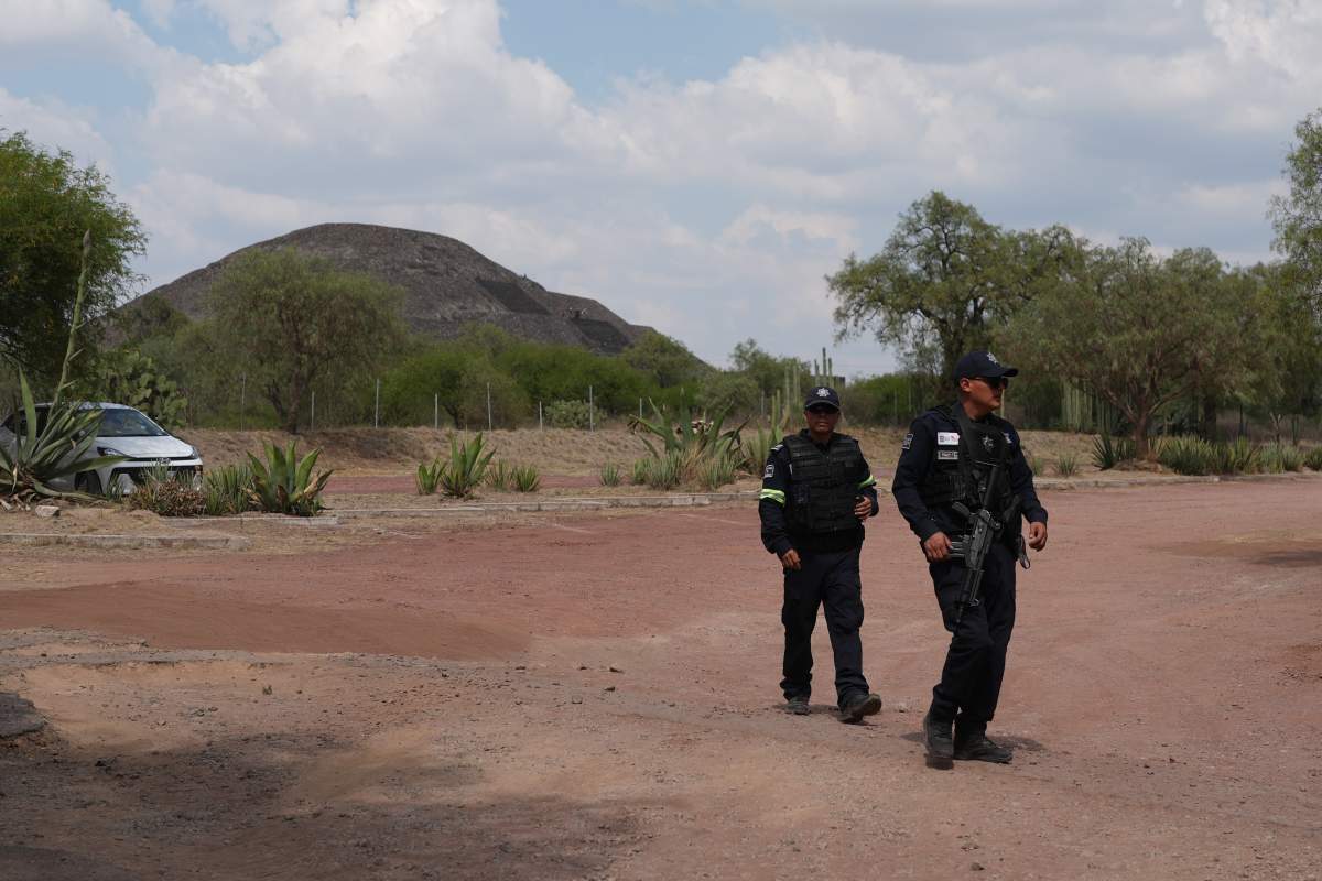 FILE– Police patrol the pyramids after authorities said a gunman opened fire in Teotihuacan, Mexico, Monday, April 20, 2026.