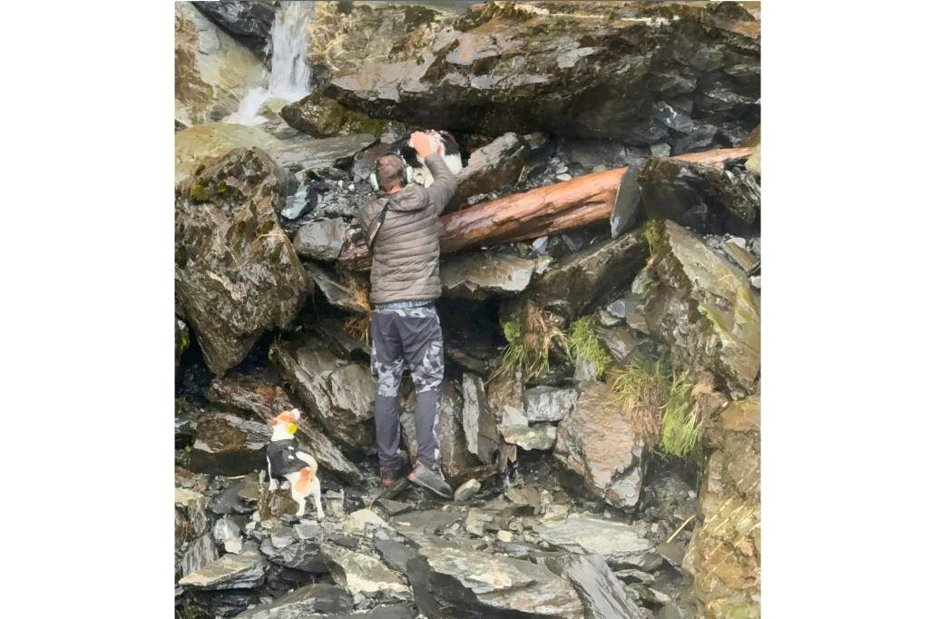 In this photo relased by Precision Helicopters Ltd, Wayne Holmes collects Molly from the edge of a waterfall as his dog Bingo, bottom left, stands beside on the Arahura River on the West Coast of the South Island of New Zealand, Tuesday, March 31, 2026.