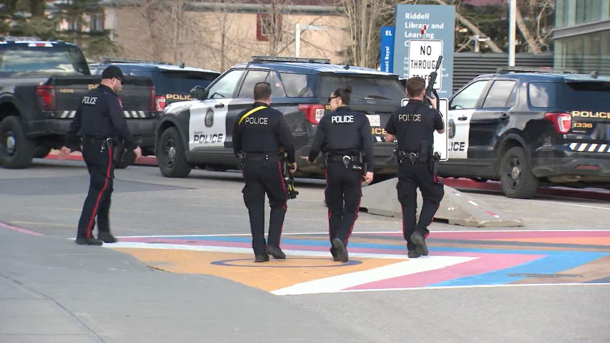 Calgary police said up to 40 officers, some of them heavily armed, responded Monday to reports of a man with a knife who was seen on the campus of Mount Royal University.