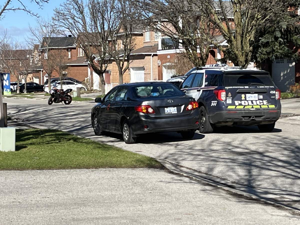 Police vehicles are on scene on Monday, April 20 after a crash in Vaughan, Ont. on Sunday, April 19. According to police, the male driver is in hospital after fleeing from police.