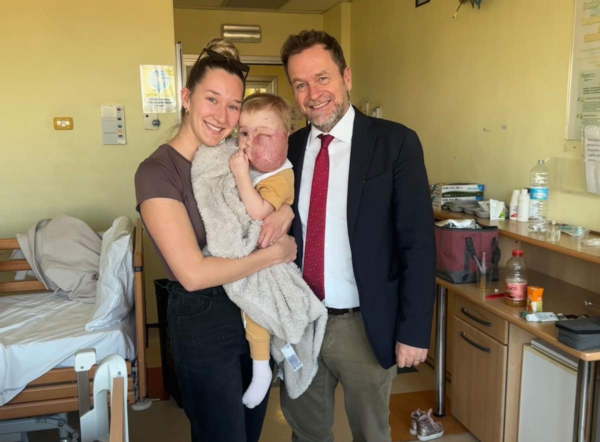 Samantha and Myla Lieskovsky are photographed with Dr. Giacomo Colletti following the first round of treatment in Italy in March.