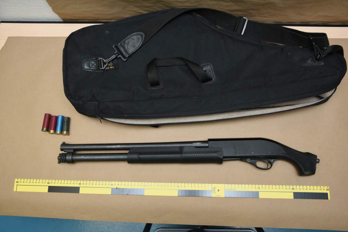 A pistol grip shotgun that Calgary police say was seized, along with a variety of drugs, during an investigation into the alleged online sale of stolen property through Facebook Marketplace.