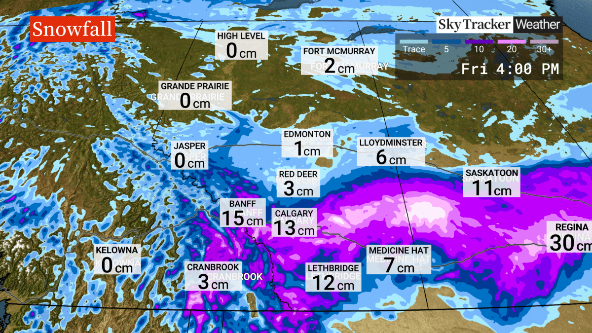 The "yellow" snowfall warning covers a large swath of southern Alberta, with the area around Calgary and west of the city forecast to get the most precipitation.