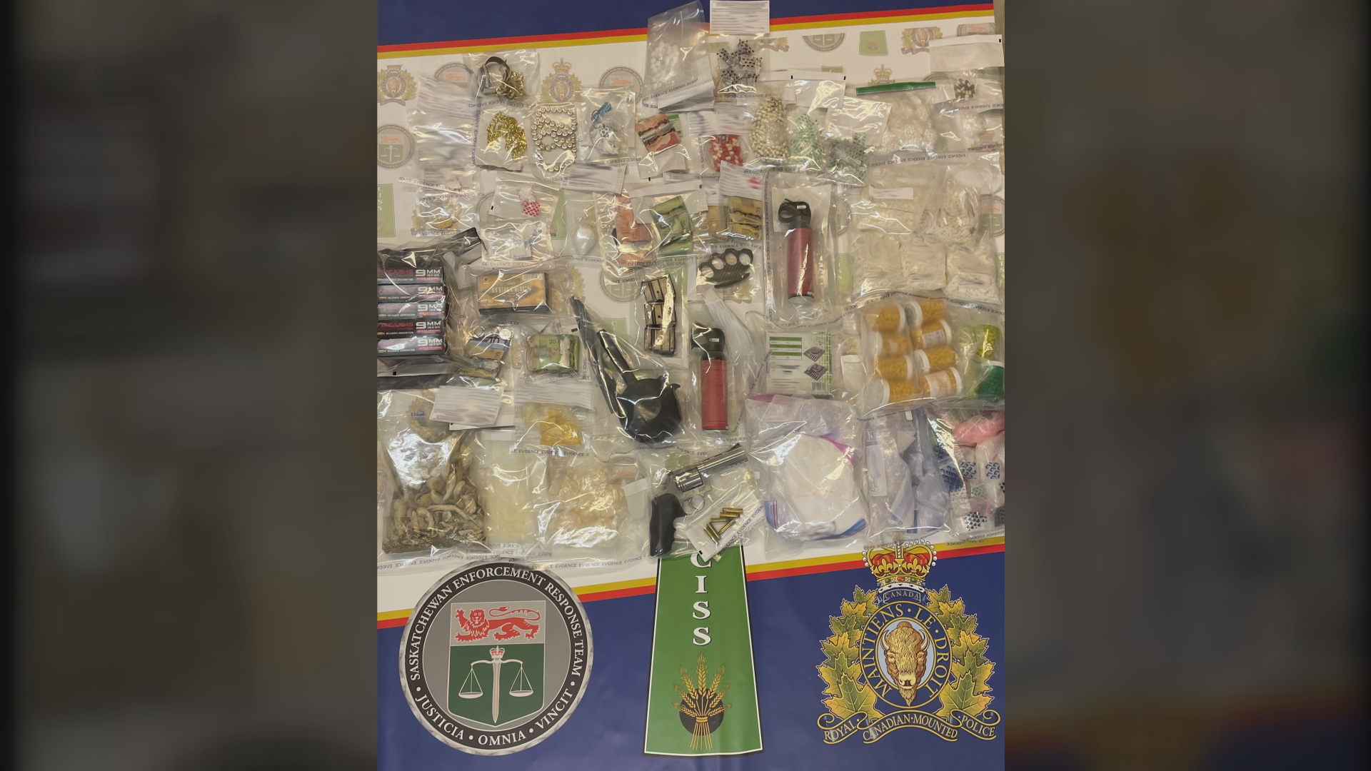 Items seized by Mounties in rural Saskatchewan included thousands of opioid and Xanax pills, psychedelics, and a crossbow, according to a news release from the force.