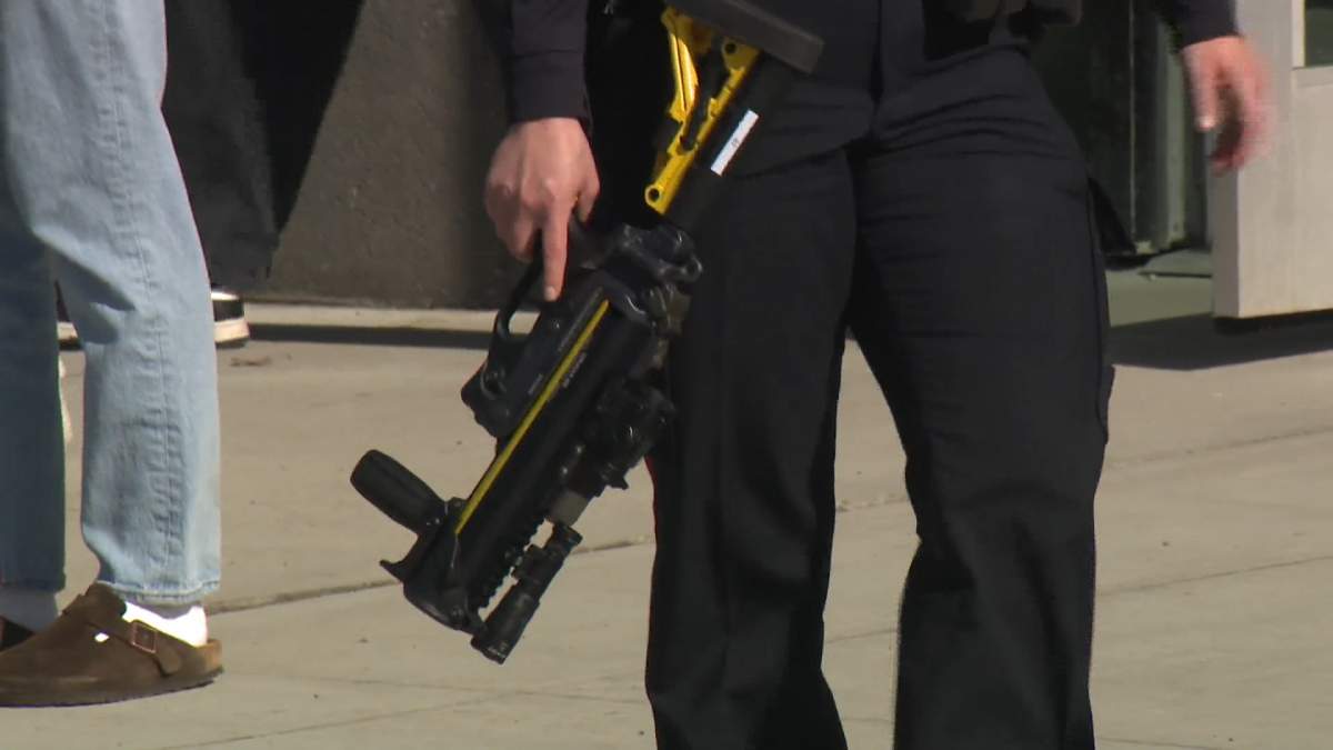Some heavily armed Calgary police officers were seen on the campus of Mount Royal University on Monday after reports a man being spotted carrying a large knife.