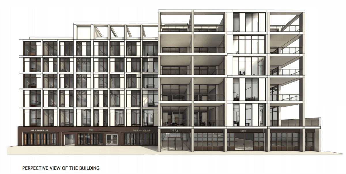 A rendering of Strategic Group’s plan to redevelop the building that houses the Ship & Anchor Pub.
