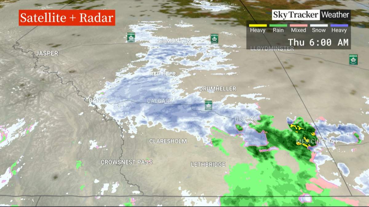 This map shows the heaviest band of snow that temporarily stalled over the city of Calgary early Thursday morning.