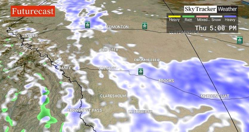 The storm system is forecast to move out of the Calgary area around dinnertime on Thursday.