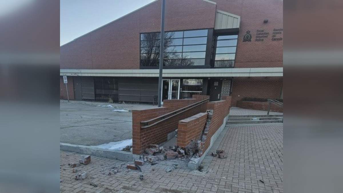 The wheelchair ramp at the Dauphin RCMP detachment is pictured with damage after a stolen taxi cab drove into it.