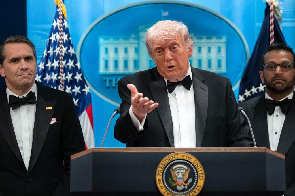 U.S. President Donald Trump speaks in the James Brady Press Briefing Room at the White House after a shooting incident outside the ballroom at at the annual White House Correspondents' Association dinner in Washington, Saturday, April 25, 2026.