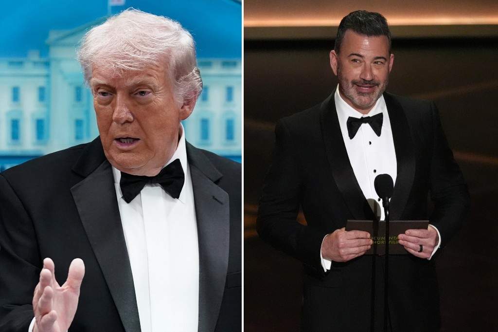 (L-R:) U.S. President Donald Trump speaks in the James Brady Press Briefing Room at the White House after an unspecified threat at the annual White House Correspondents' Association Dinner in Washington, Saturday, April 25, 2026 and Jimmy Kimmel presents the award for best documentary short film during the Oscars on Sunday, March 15, 2026, at the Dolby Theatre in Los Angeles.