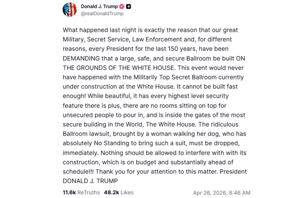A screenshot of U.S. President Donald Trump’s Truth Social post.