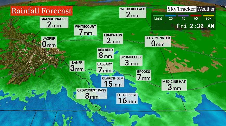 This map shows the rainfall amounts that are forecast to fall over central and southern Alberta during the storm, in addition to the expected snow.
