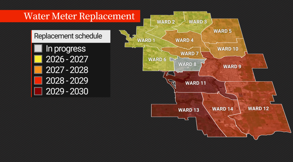 A map showing when water meter replacement work will take place across Calgary’s 14 Wards.