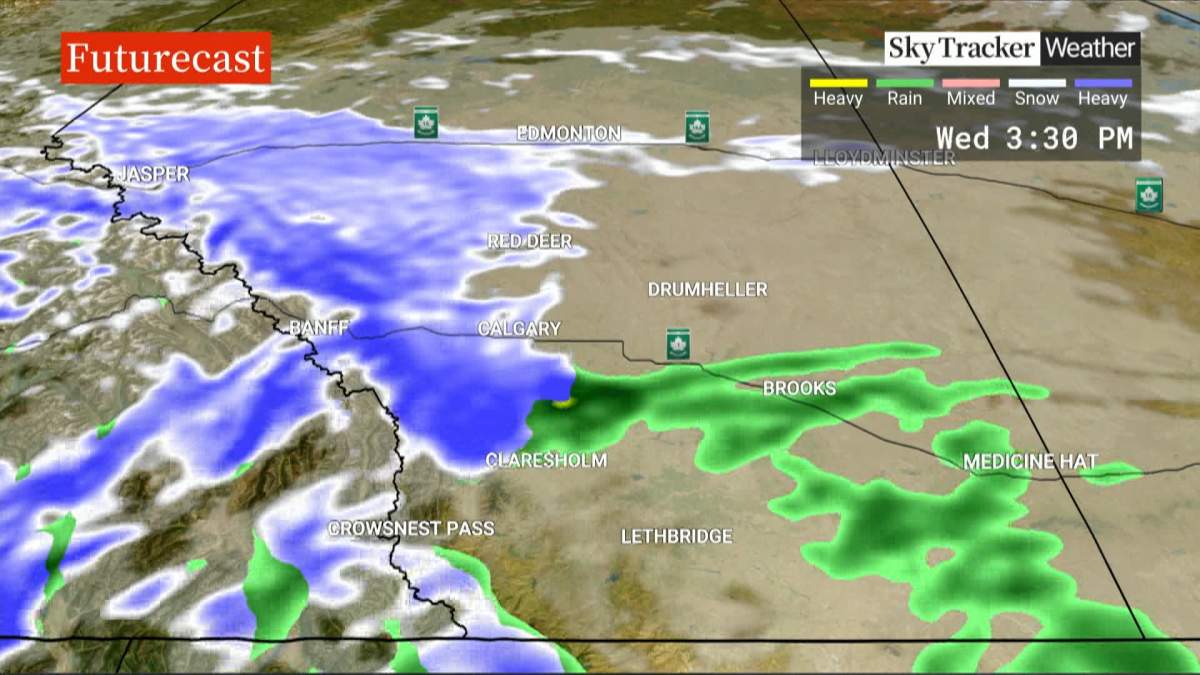 The storm is forecast to move into the Calgary area Wednesday afternoon and could dump between 10 and 25 cm of snow on the city before it moves out of the area on Thursday.
