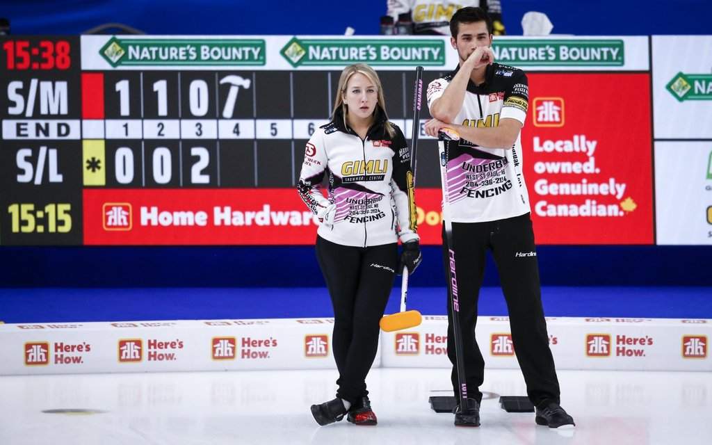 Team Sahaidak/Lott skip Kadriana Sahaidak, left, and third Colton Lott discuss strategy as they play Team Schmiemann/Morris at the Canadian Mixed Doubles Curling Championship in Calgary, Alta., Wednesday, March 24, 2021.THE CANADIAN PRESS/Jeff McIntosh.