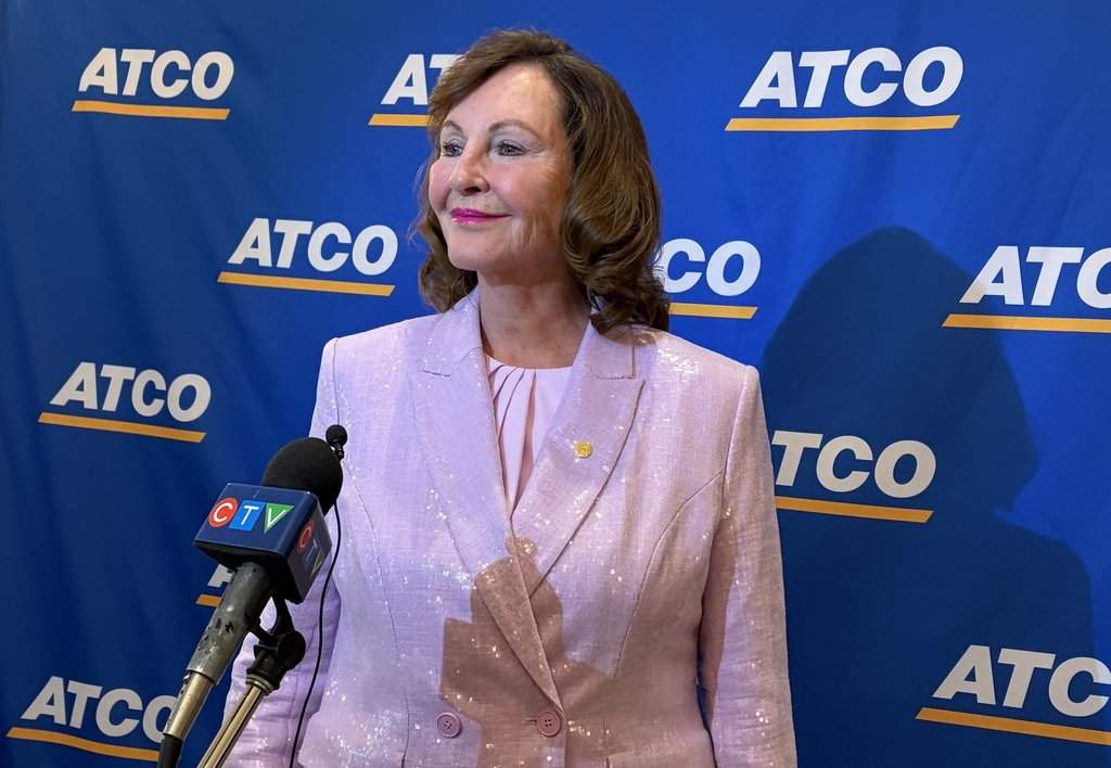 ATCO Ltd. CEO Nancy Southern speaks to reporters following the company's annual general meeting in Calgary on Wednesday, May 13, 2026.  