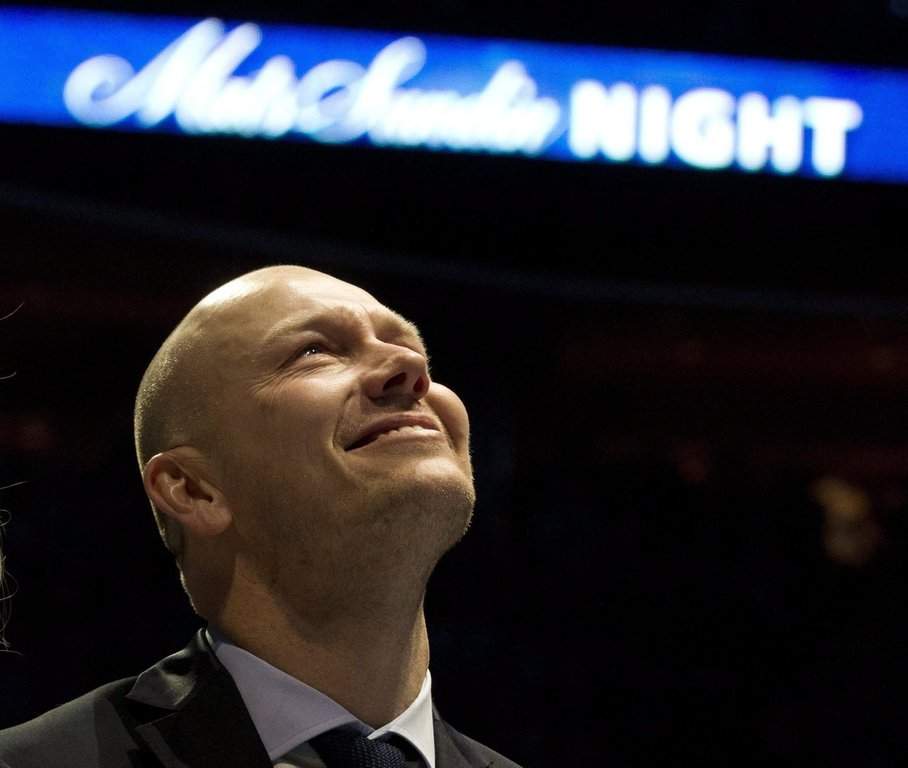 Former Toronto Maple Leafs captain Mats Sundin watches as his number 13 is hung from the rafters prior to NHL action between the Leafs and the Montreal Canadiens in Toronto on Saturday February 11, 2012.  
