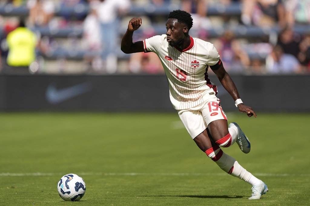 Canada defender Alphonso Davies during the first half of an international friendly soccer game against the United States, Saturday, Sept. 7, 2024, in Kansas City, Mo.