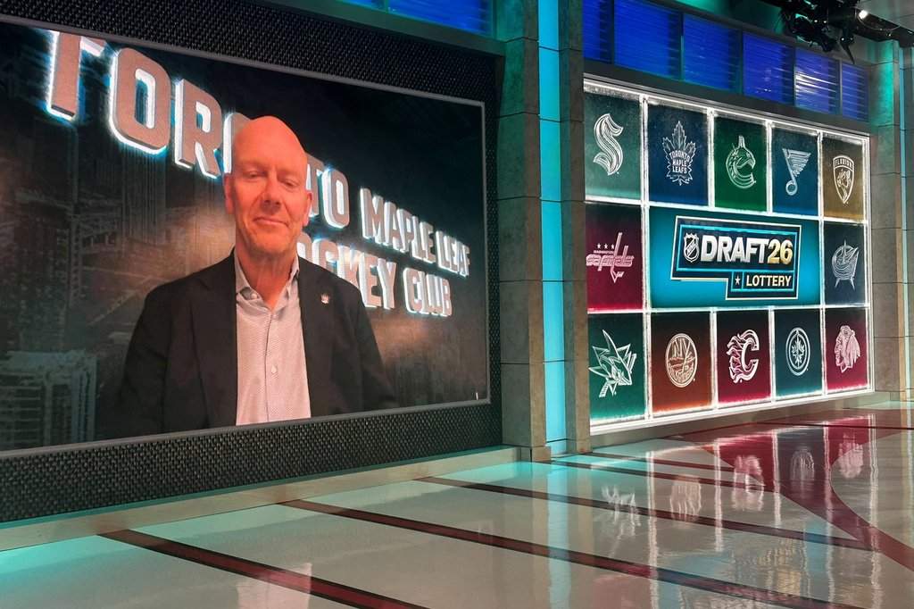 Toronto Maple Leafs executive Mats Sundin appears on a video screen after the team he just joined won the NHL draft lottery for the first pick, drawn at NHL Network studio in Secaucus, New Jersey, on Tuesday, May 5, 2026. (AP Photo/Stephen Whyno).