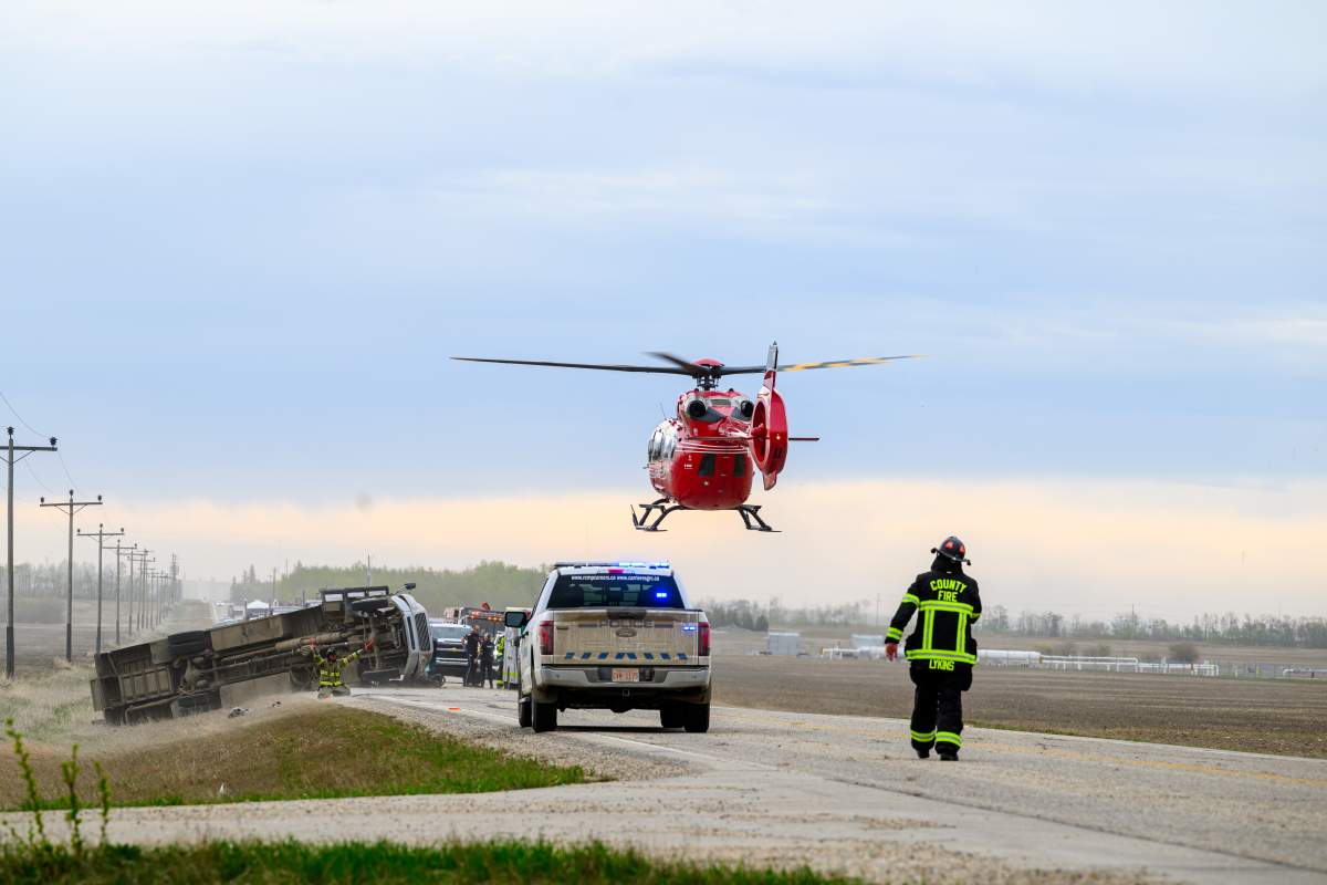 A coach bus crashed on Highway 672 near Range Roads 90, northwest of Grande Prairie, Alta. on May 13, 2026.
