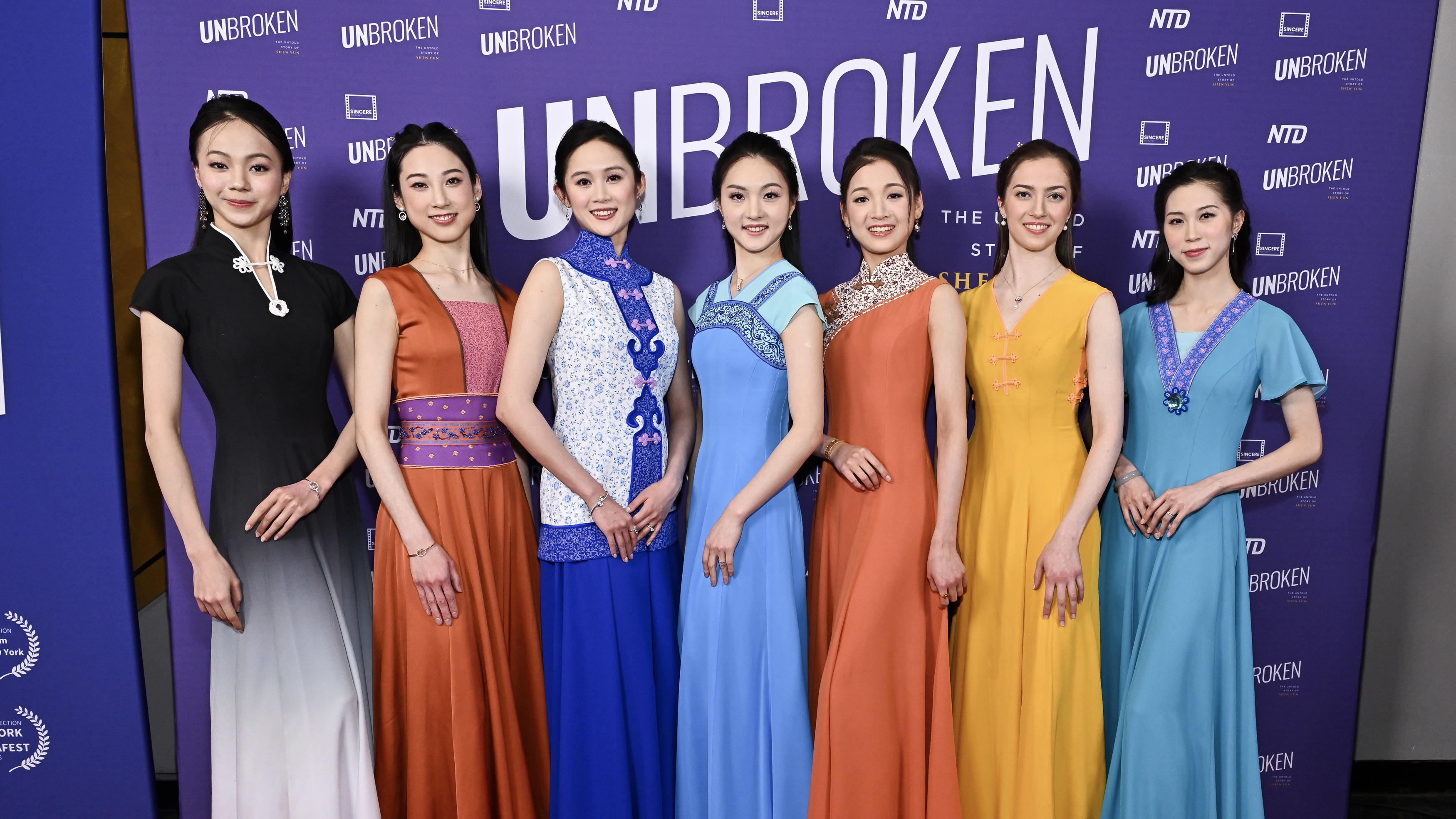 Principal dancers, from left, Minghui, Angela Lin, Angelia Wang, Evangeline Zhu, Nara Oose, Lillian Parker and Tiffany Lin at premiere of film about Shen Yun, New York, March 24, 2026, in New York. (Photo by Evan Agostini/Invision/AP)