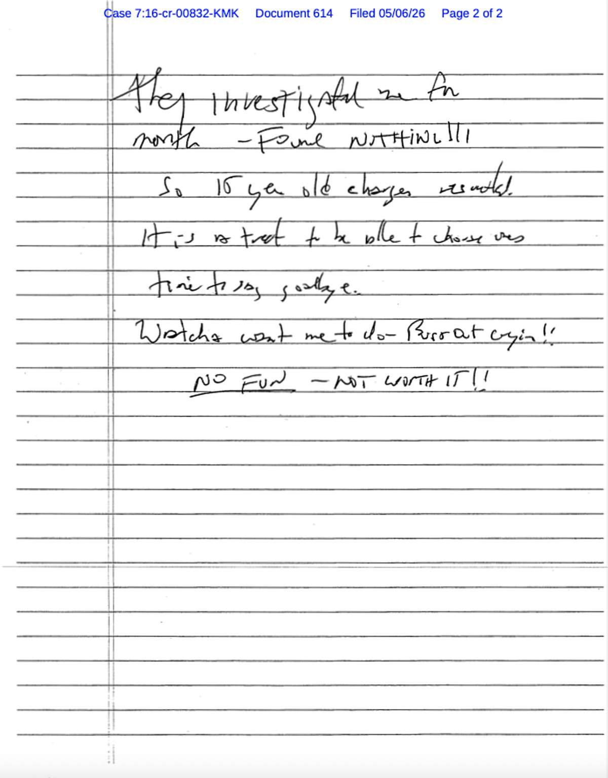 This document, released Wednesday, May 6, 2026, by the U.S. District Court for the Southern District of New York, shows a note that Jeffrey Epsteinâ€™s former cellmate said he found after Epsteinâ€™s reported suicide attempt in July 2019.