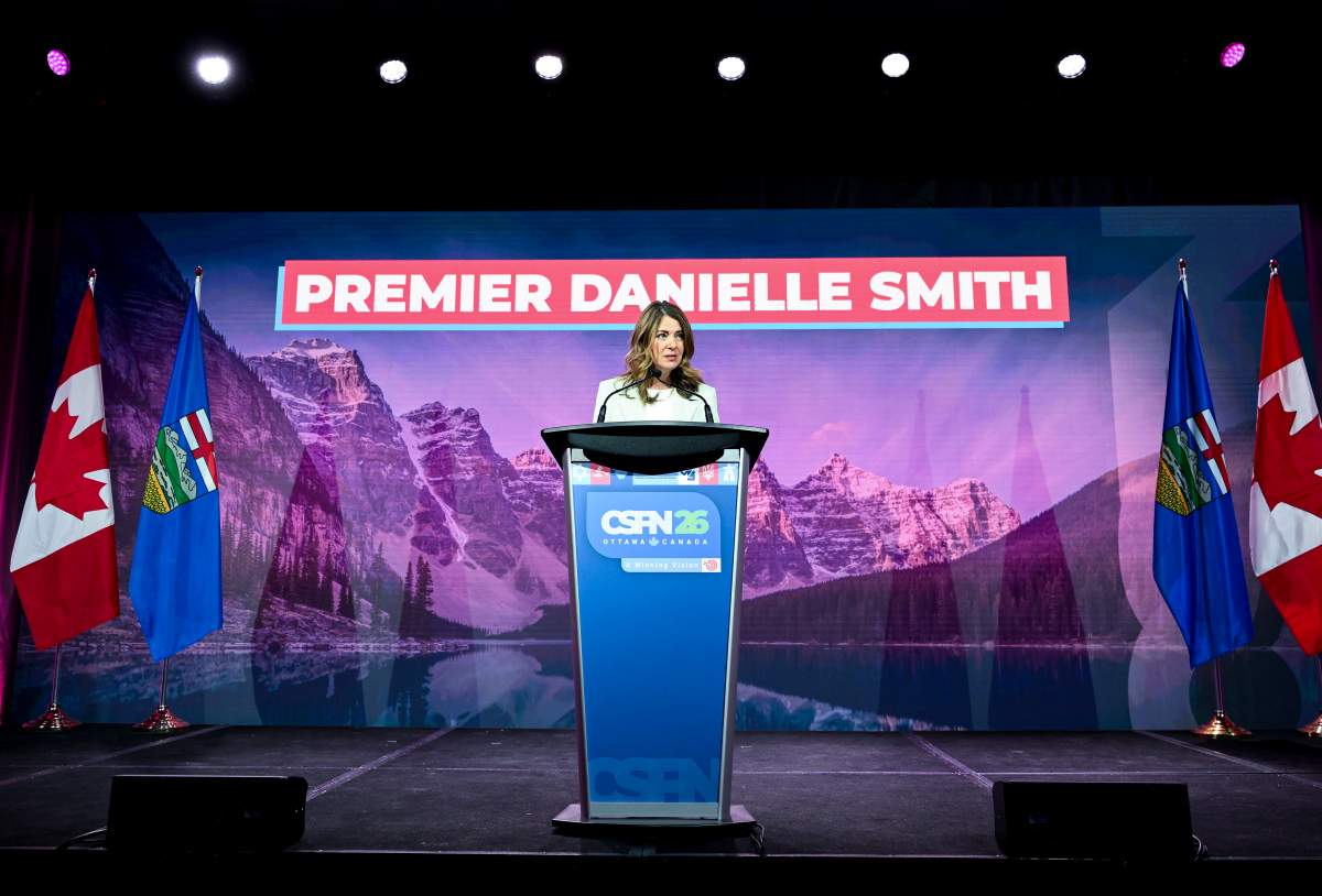 Premier of Alberta Danielle Smith speaks ahead of a fireside chat during the annual Canada Strong and Free Network in Ottawa, on Friday, May 8, 2026.