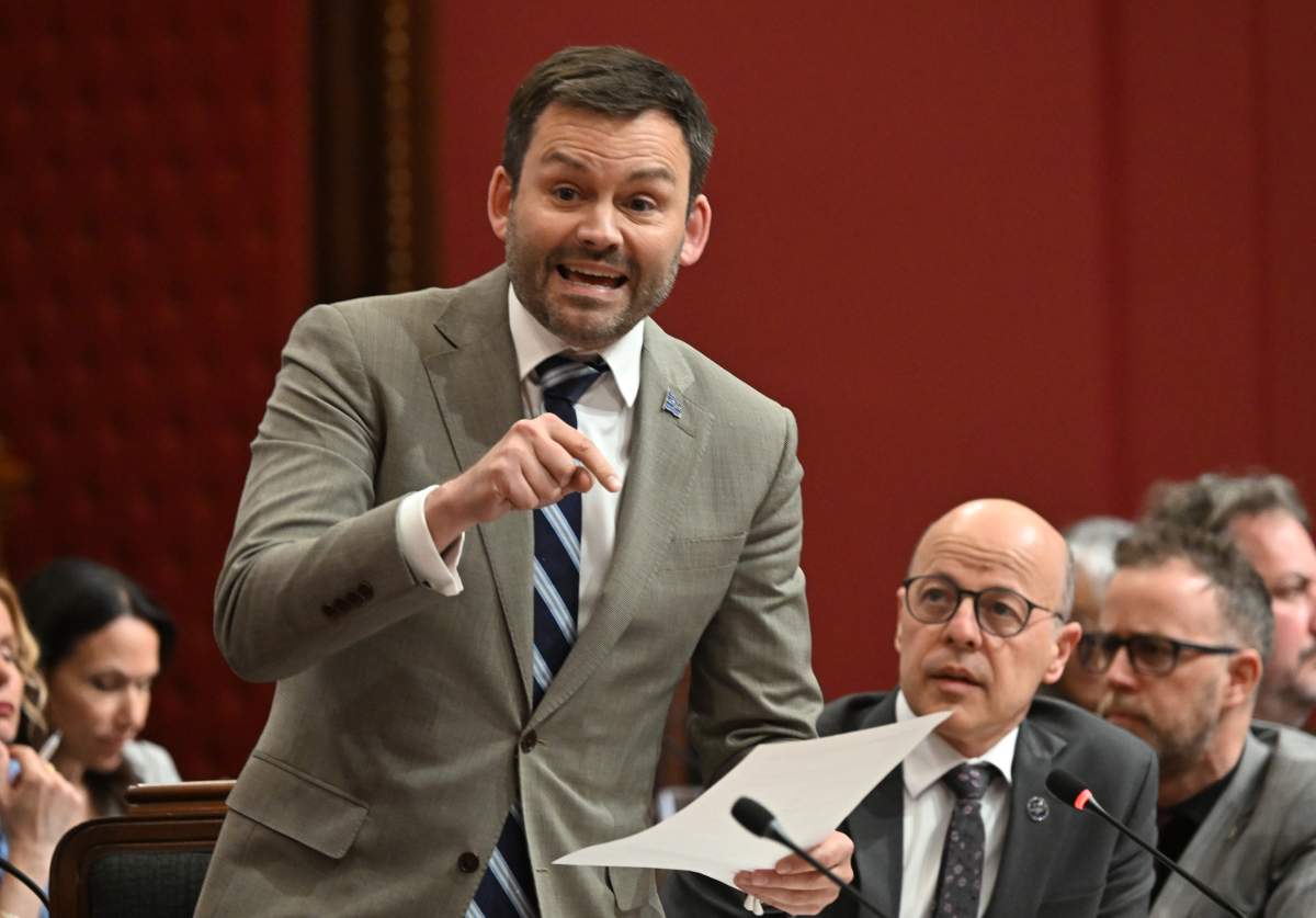 Parti Quebecois Leader Paul St-Pierre Plamondon questions the government at the legislature in Quebec City, Tuesday, May 12, 2026. 
