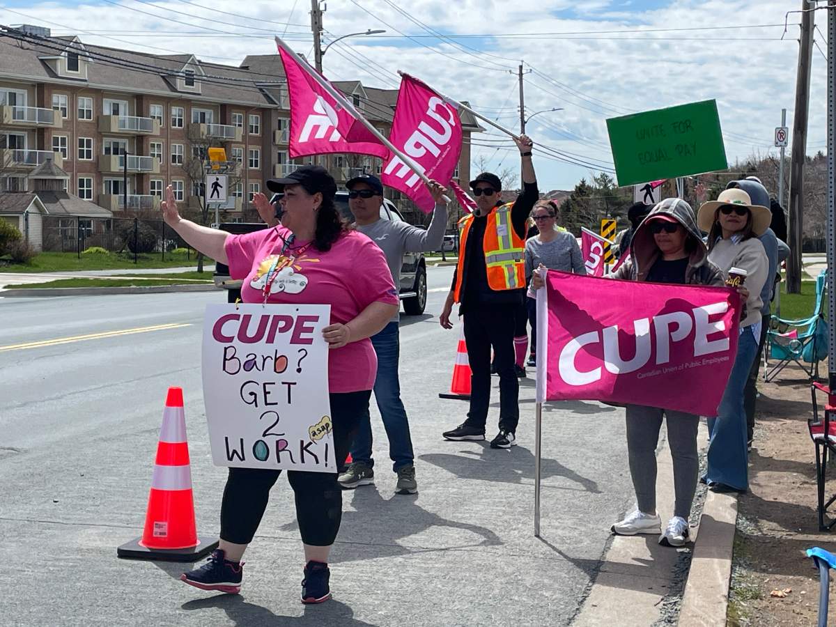 Striking CUPE long-term care workers outside Glasgow Hall in Dartmouth on May 8, 2026.