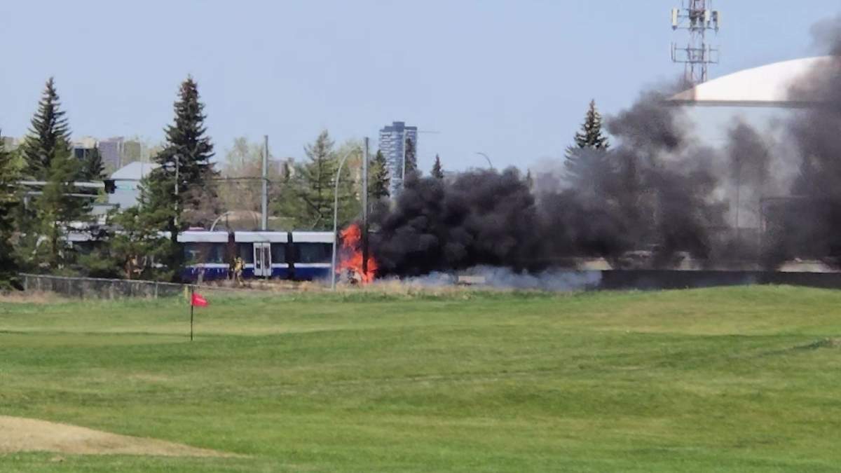 A collision between a Valley Line LRT train and a vehicle on the Whitemud Drive overpass at 66 Street on Tuesday, May 12, 2026.
